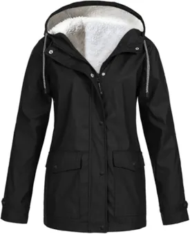 Women's Plus Size Fleece Lined Jacket Waterproof Windproof Snow Ski Hooded Raincoats Outdoor Lightweight Trench Coat