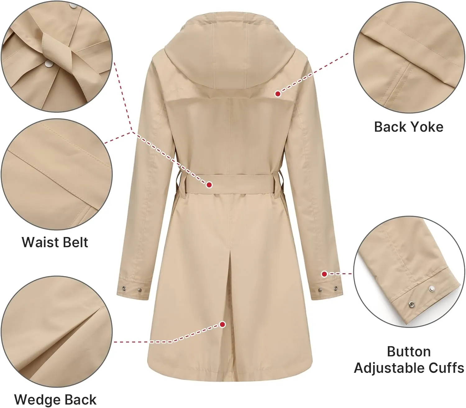 Women's Raincoat Lightweight Rain Jacket Waterproof with Hood Trench Coat with Belt