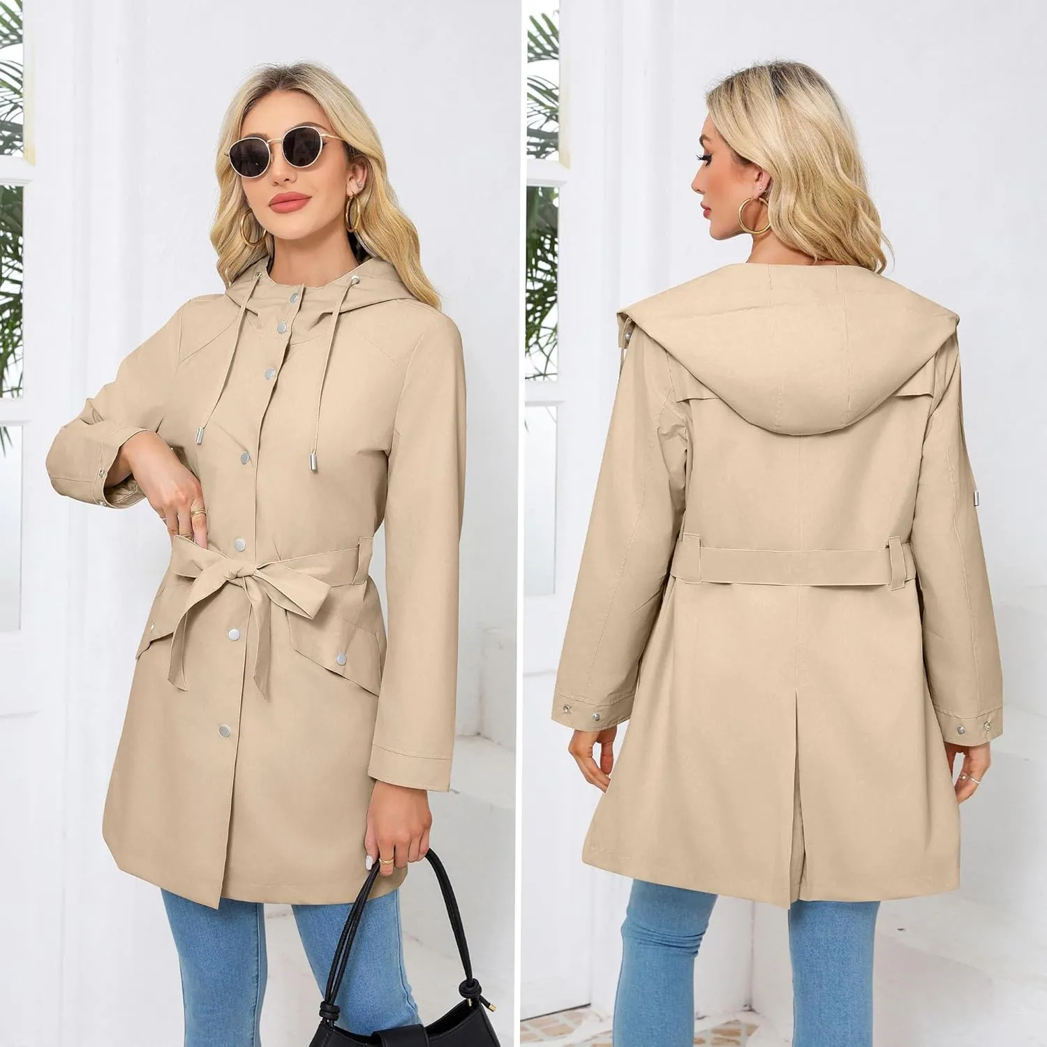 Women's Raincoat Lightweight Rain Jacket Waterproof with Hood Trench Coat with Belt