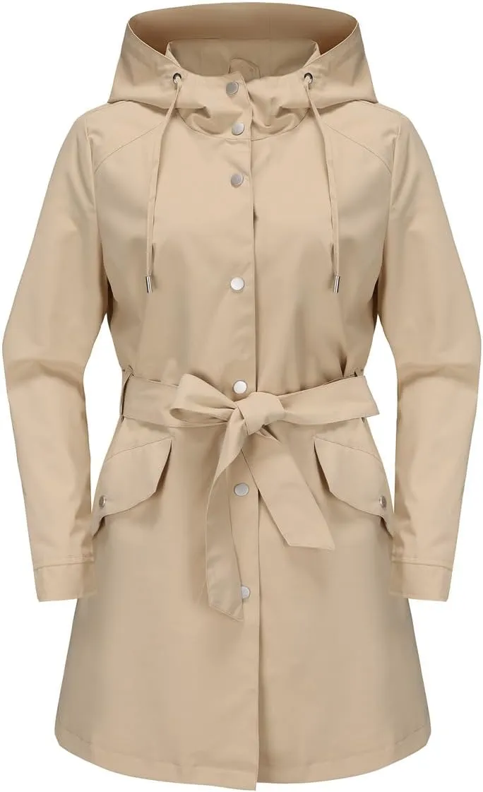 Women's Raincoat Lightweight Rain Jacket Waterproof with Hood Trench Coat with Belt