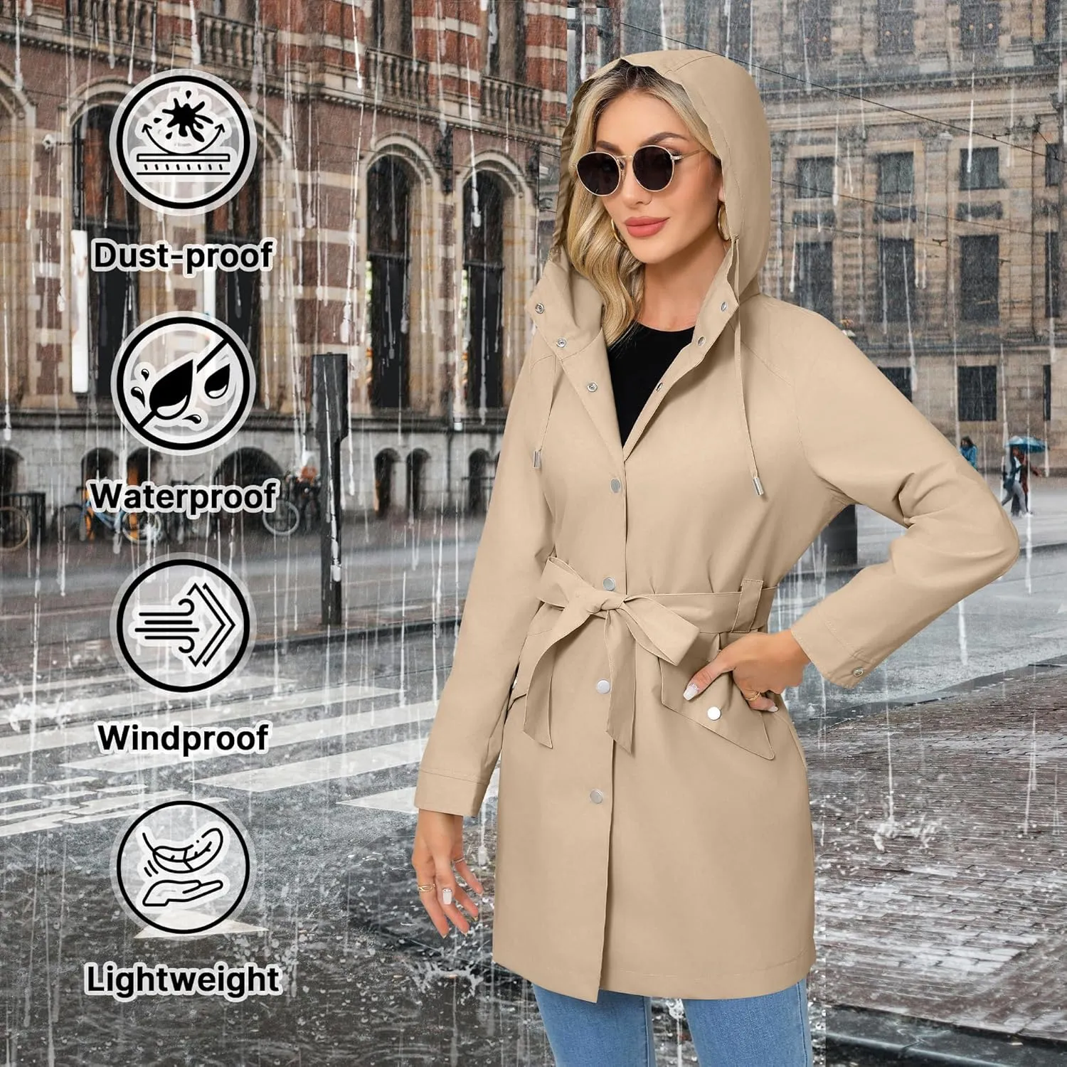 Women's Raincoat Lightweight Rain Jacket Waterproof with Hood Trench Coat with Belt