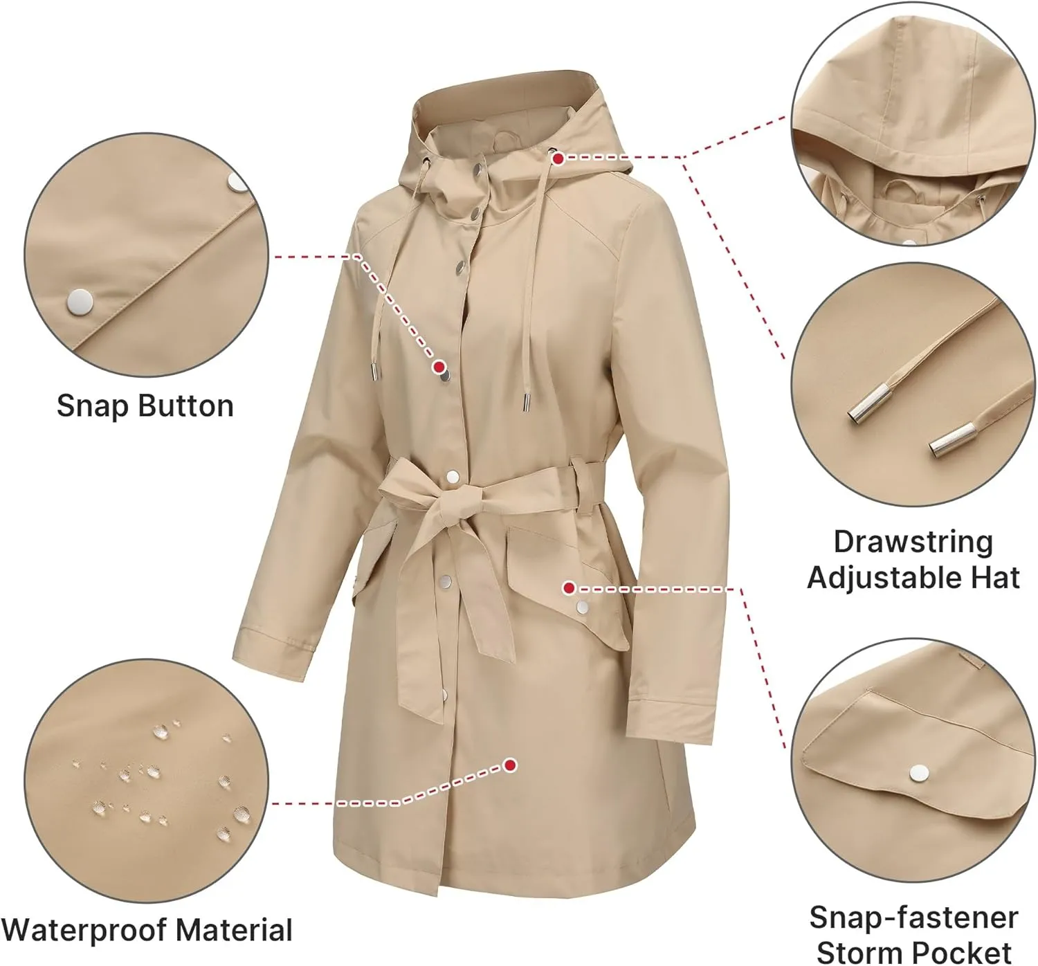 Women's Raincoat Lightweight Rain Jacket Waterproof with Hood Trench Coat with Belt