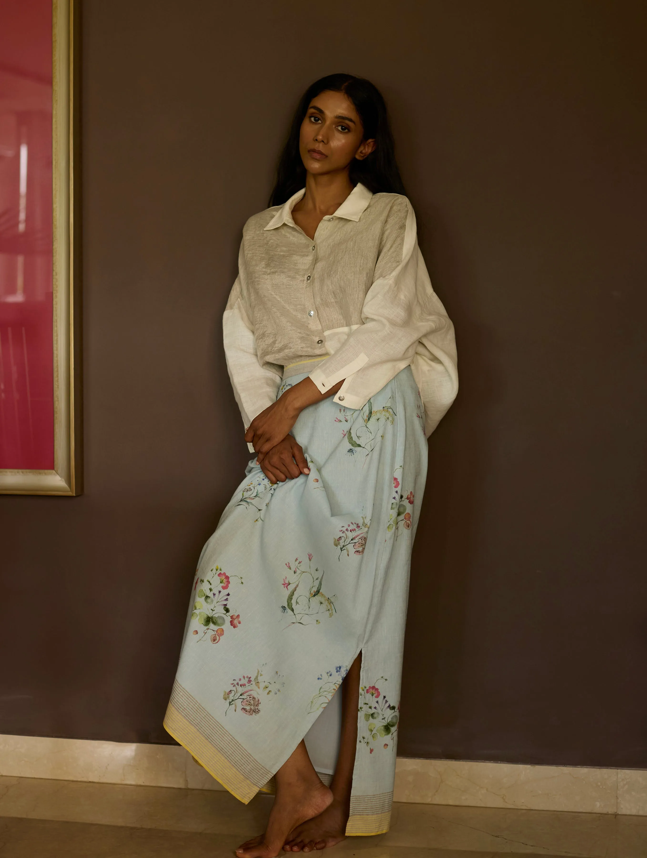 Zaha Ivory Metallic Shirt With Sky Blue Floral Skirt
